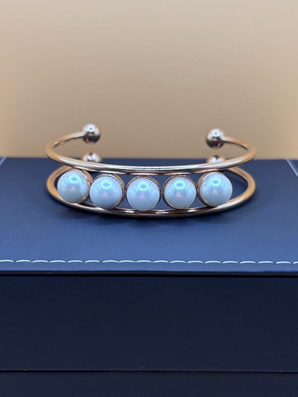 Classic Glass Pearl Accent Cuff Bracelet - Gold Tone - Picture 2 of 8